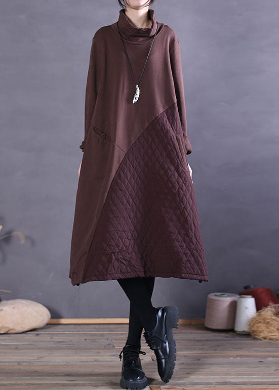 Chocolate Turtle Neck Patchwork Cotton Dresses Spring
