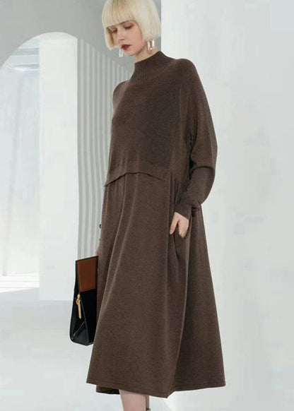 Chocolate Turtle Neck Patchwork Wool Knit Sweater Dress Long Sleeve