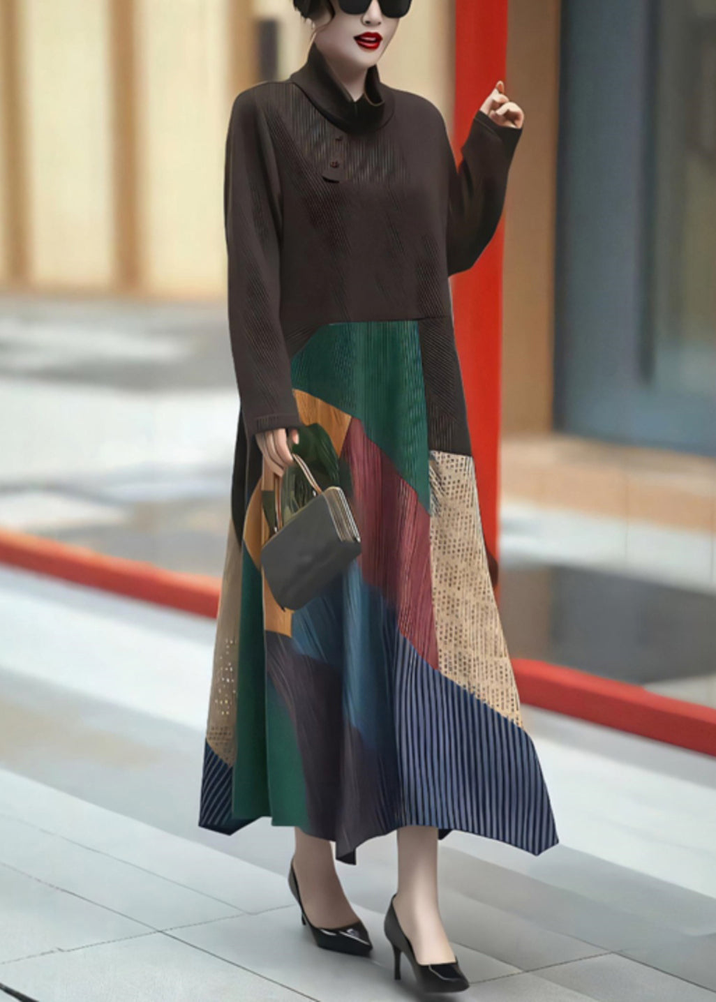 Coffee Turtleneck Tie Waist Patchwork Long Dress Winter