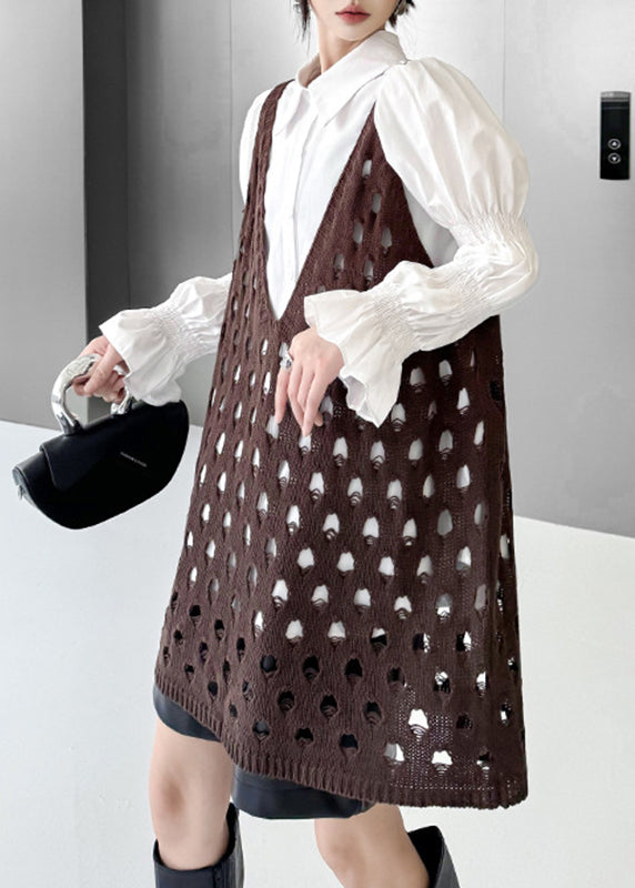 Coffee V Neck Hollow Out Cotton Knit Waistcoat Sleeveless