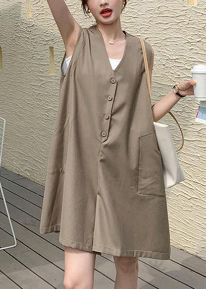 Coffee V Neck Patchwork Button Mid Dress Summer