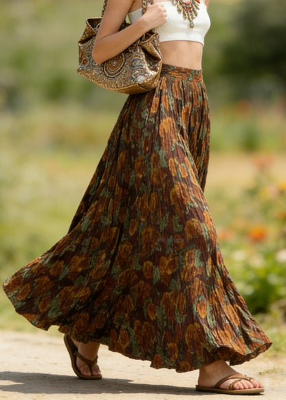 Coffee Wrinkled Print Cotton Skirts Spring