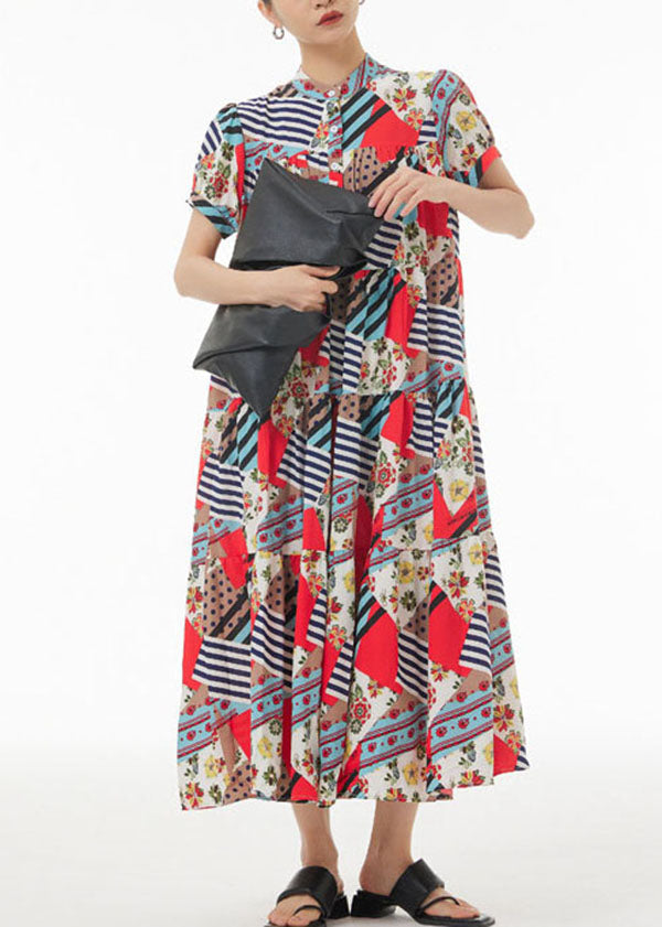Coffee Wrinkled Print Patchwork Chiffon Dress Summer