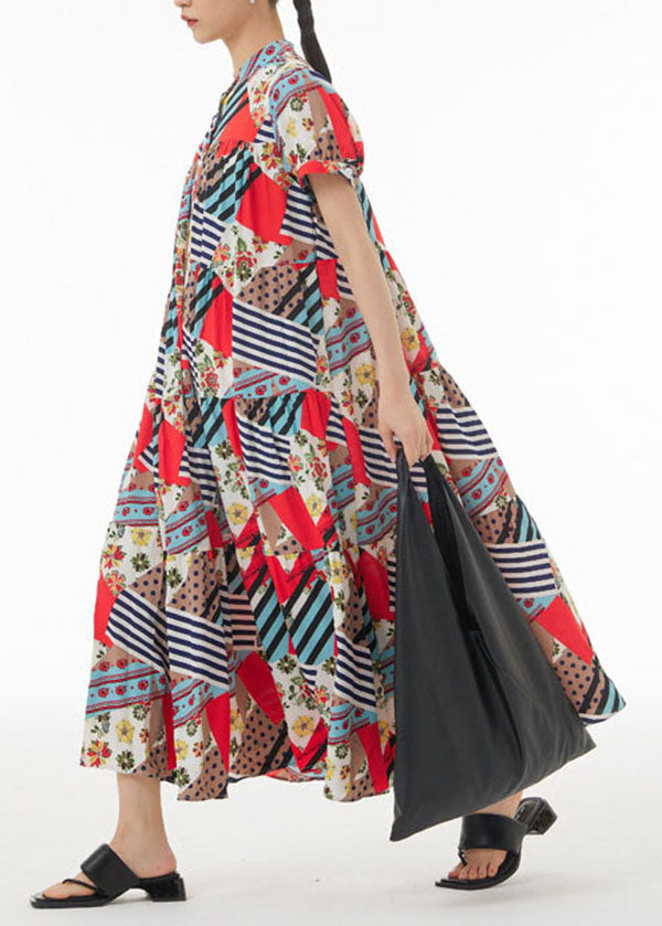 Coffee Wrinkled Print Patchwork Chiffon Dress Summer