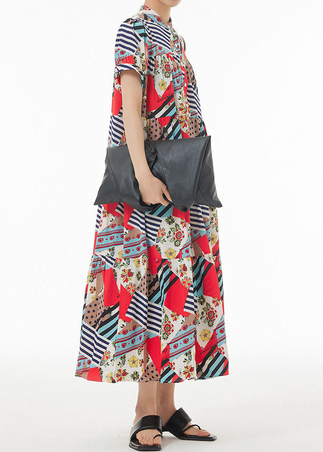Coffee Wrinkled Print Patchwork Chiffon Dress Summer