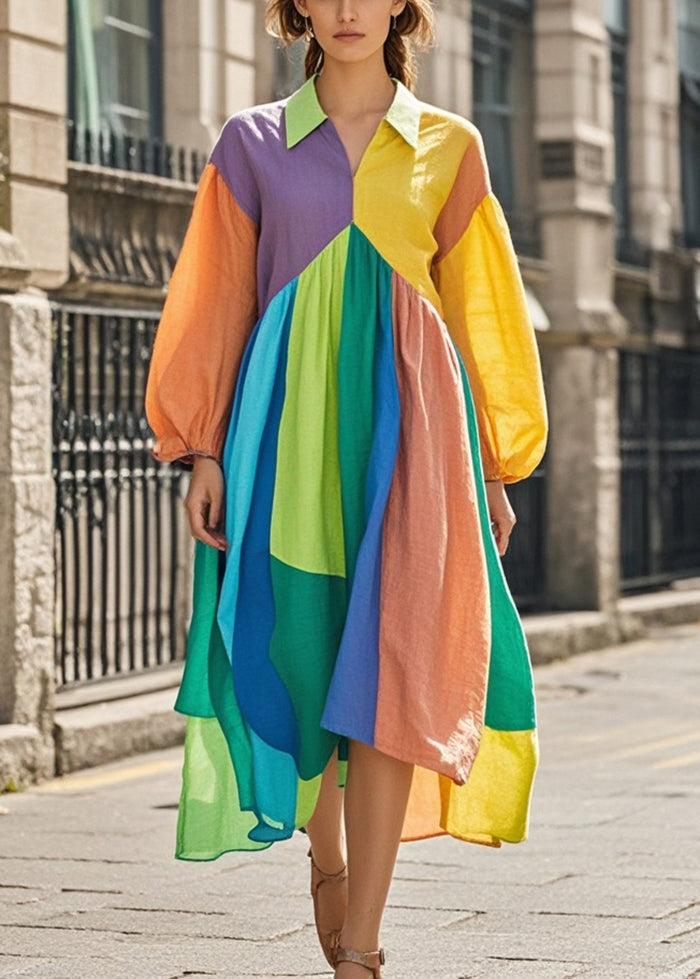 Colorblock Asymmetrical Patchwork Cotton Maxi Dresses Spring