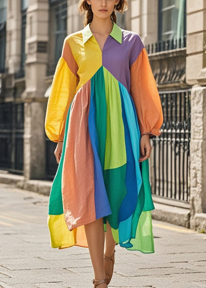 Colorblock Asymmetrical Patchwork Cotton Maxi Dresses Spring