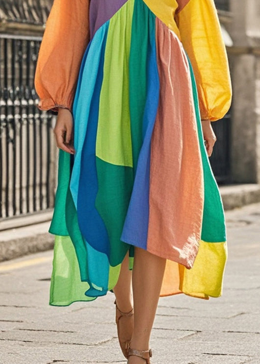 Colorblock Asymmetrical Patchwork Cotton Maxi Dresses Spring