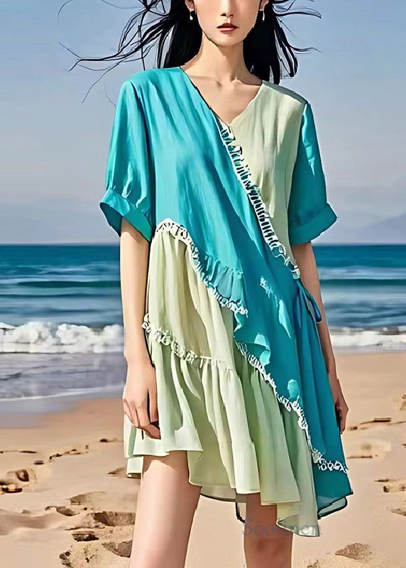Colorblock Asymmetrical Patchwork Ruffled Linen Dresses Summer