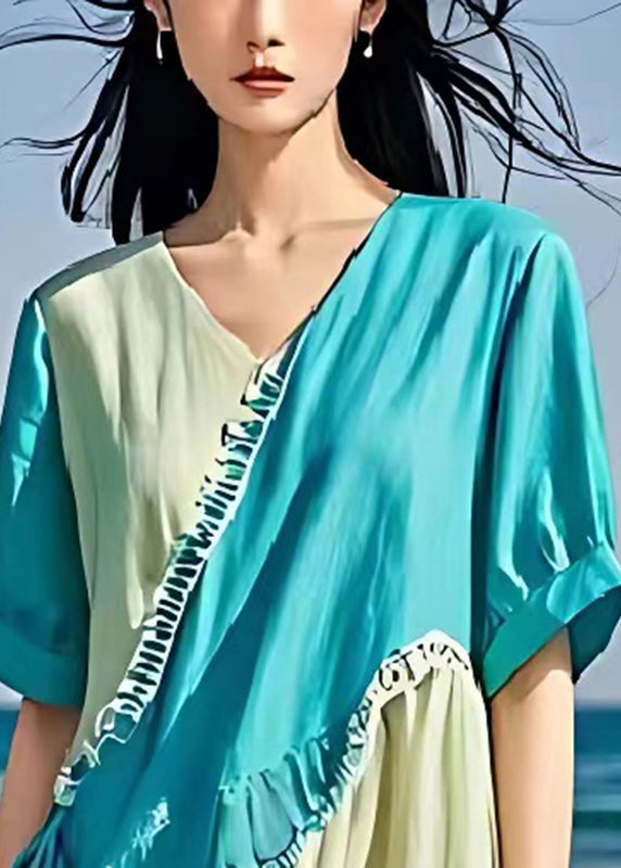 Colorblock Asymmetrical Patchwork Ruffled Linen Dresses Summer