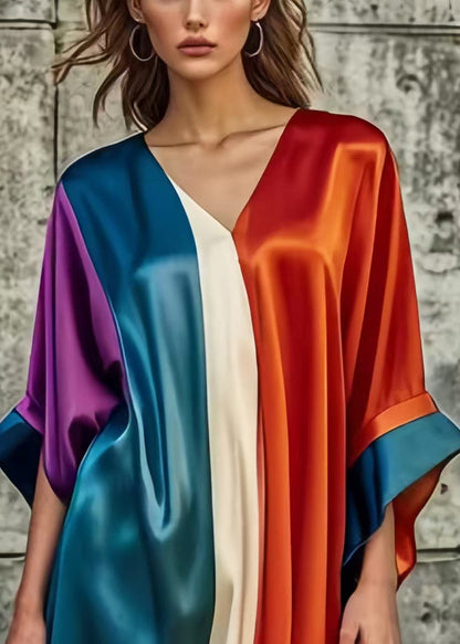 Colorblock Asymmetrical Patchwork Silk Day Dress Summer