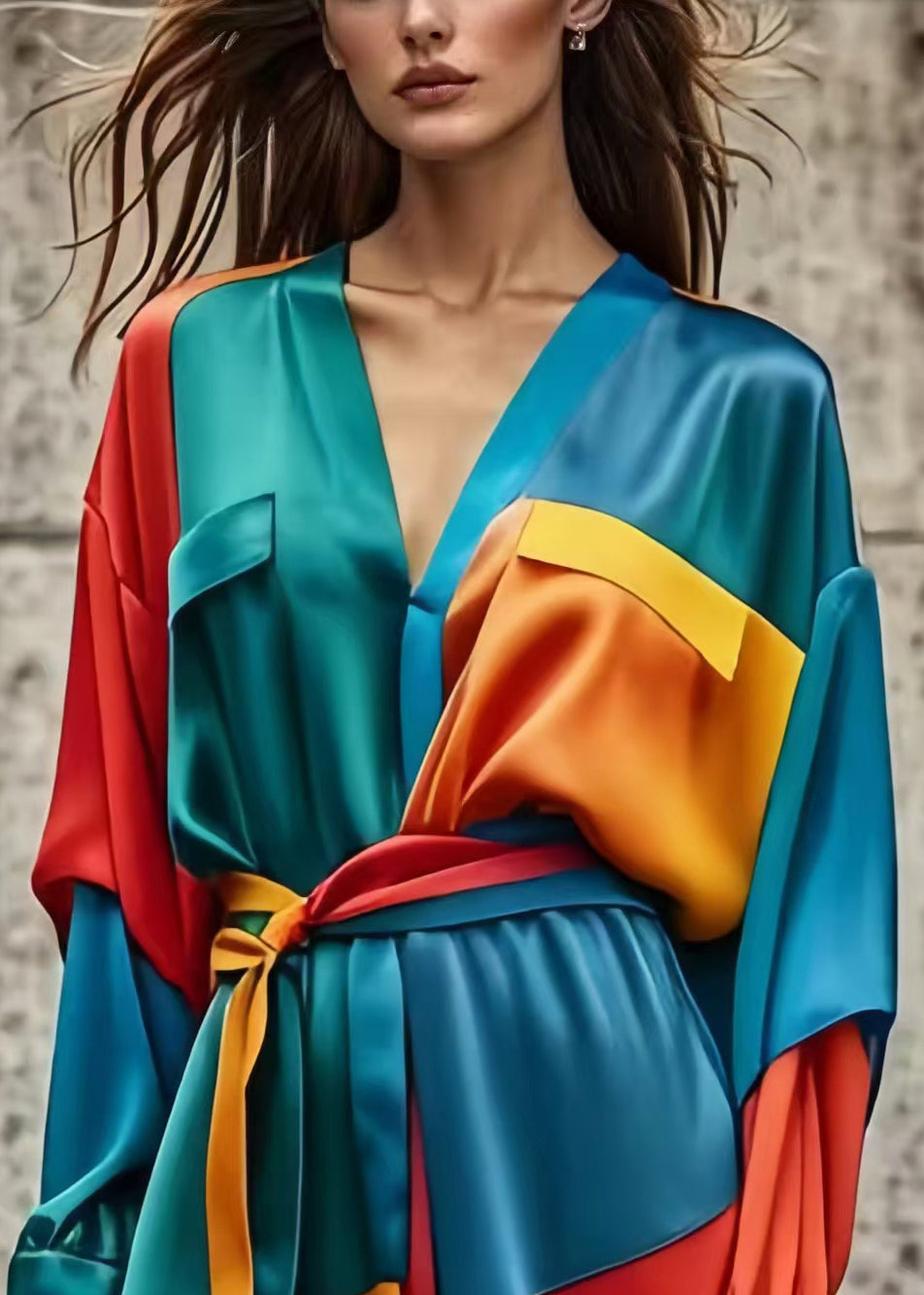 Colorblock Asymmetrical Patchwork Tie Waist Silk Dress Spring