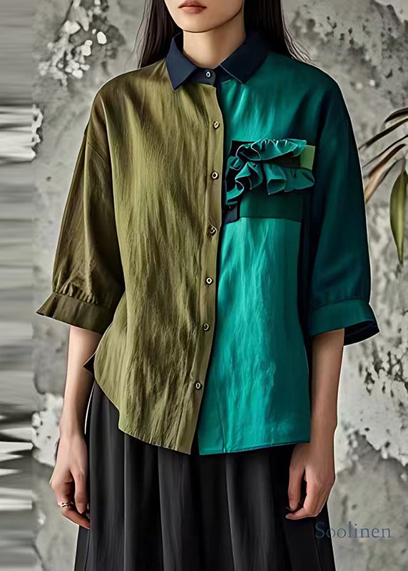 Colorblock Asymmetrical Ruffled Linen Shirt Half Sleeve