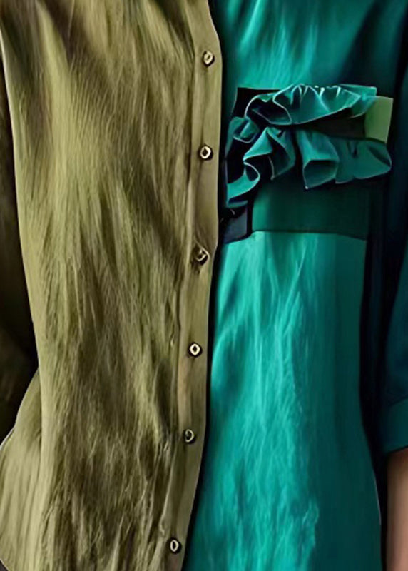 Colorblock Asymmetrical Ruffled Linen Shirt Half Sleeve