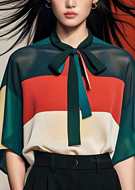 Colorblock Chiffon Shirt V Neck Summer