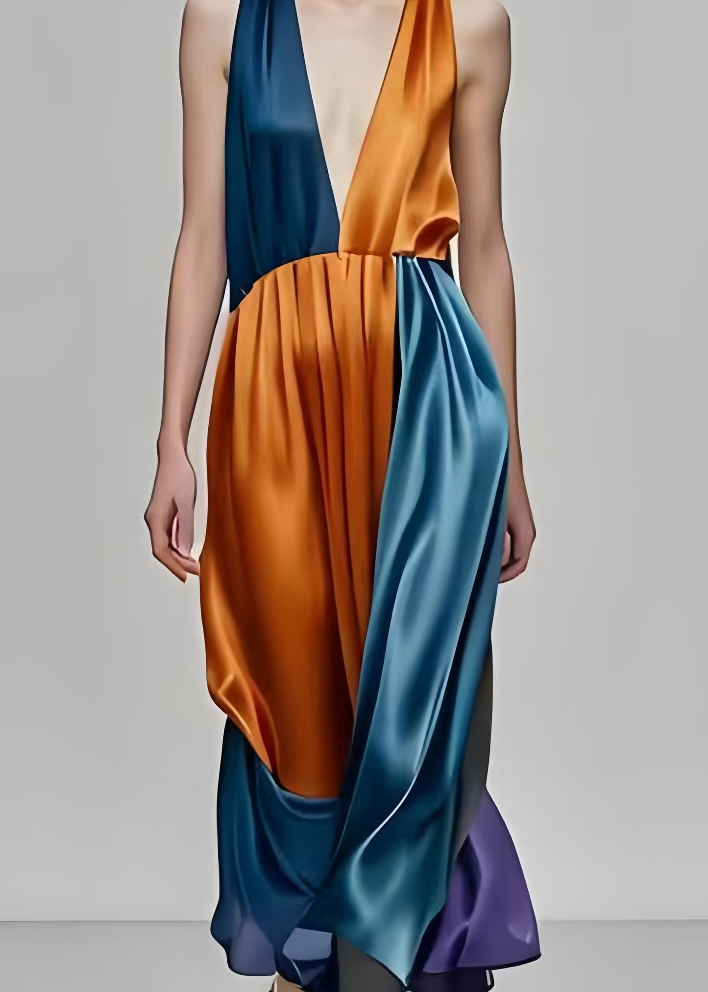 Colorblock Deep-v Neck Patchwork Silk Party Dress Sleeveless