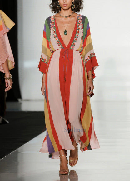 Colorblock Deep-v Neck Striped Chiffon Dress Summer