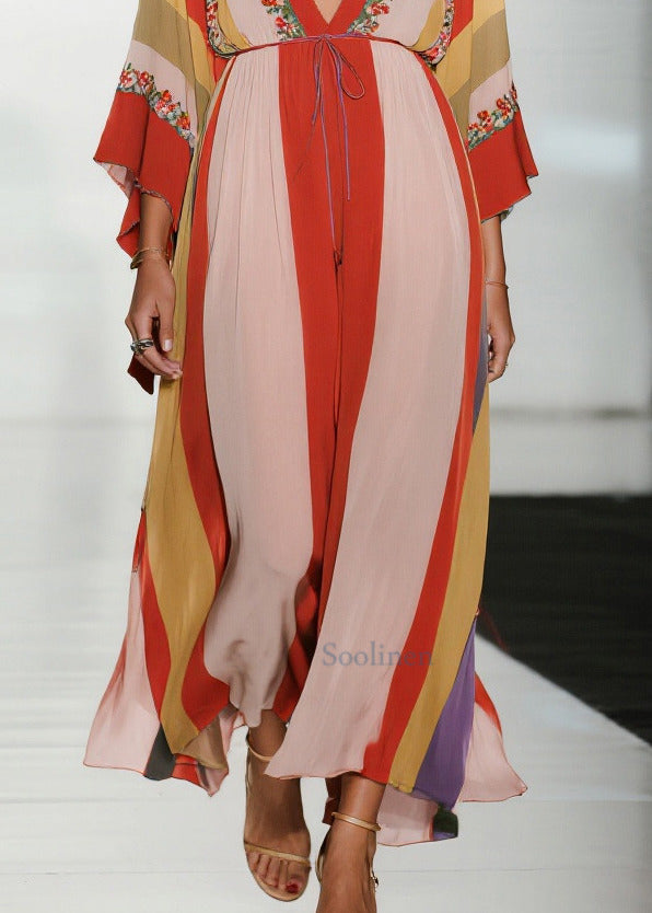 Colorblock Deep-v Neck Striped Chiffon Dress Summer