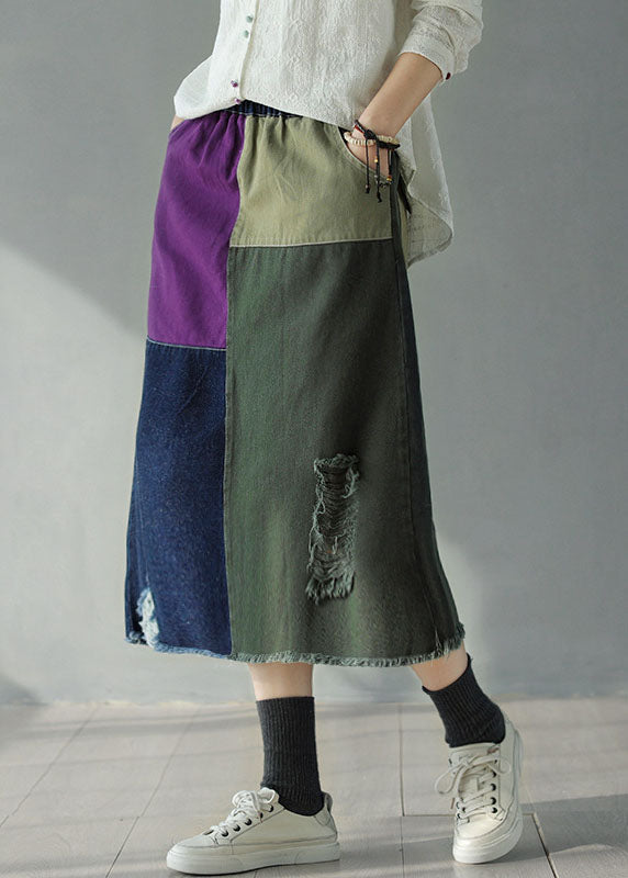 Colorblock Elastic Waist Pockets Patchwork Hole Cotton Denim Skirts Fall