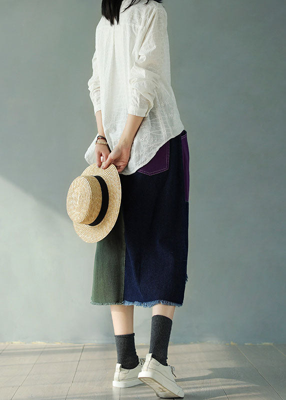 Colorblock Elastic Waist Pockets Patchwork Hole Cotton Denim Skirts Fall