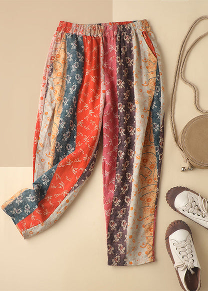 Colorblock Elastic Waist Pockets Patchwork Linen Harm Pants Summer