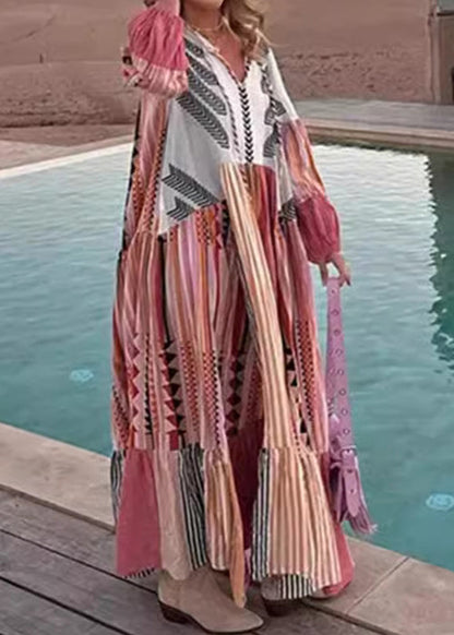 Colorblock Lace Up Print Cotton Maxi Dress Long Sleeve