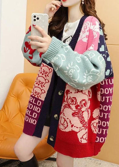 Colorblock Oversized Patchwork Jacquard Knit Cardigan Winter