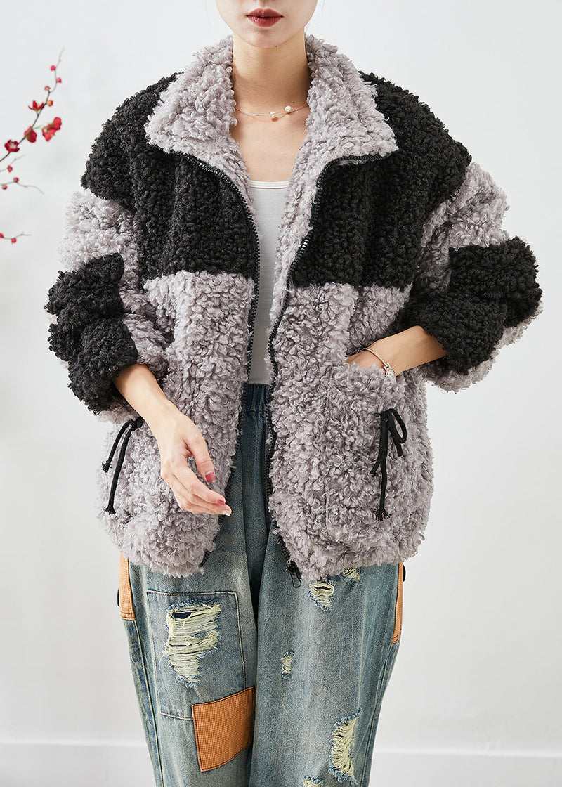 Colorblock Oversized Patchwork Pockets Fleece Jackets Winter