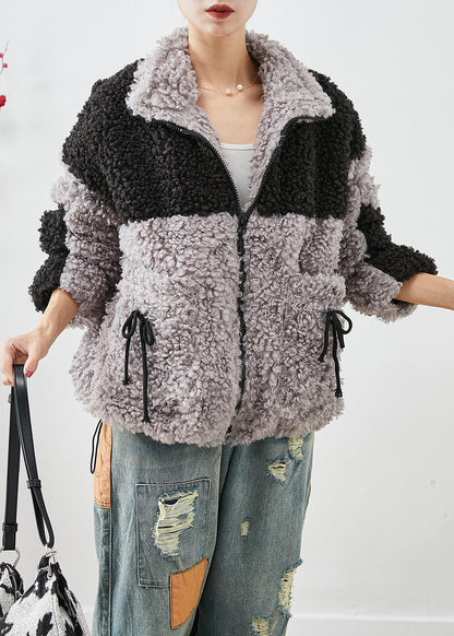 Colorblock Oversized Patchwork Pockets Fleece Jackets Winter