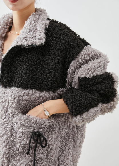 Colorblock Oversized Patchwork Pockets Fleece Jackets Winter