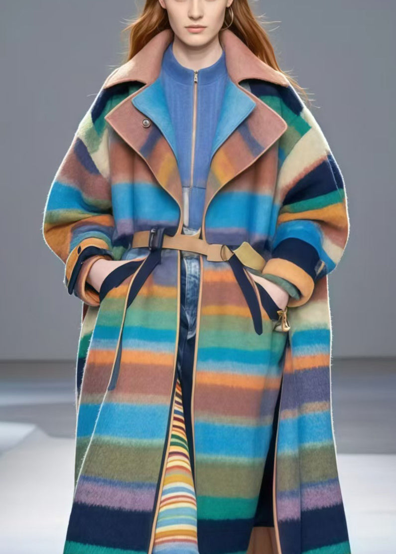 Colorblock Oversized Striped Woolen Trench Fall