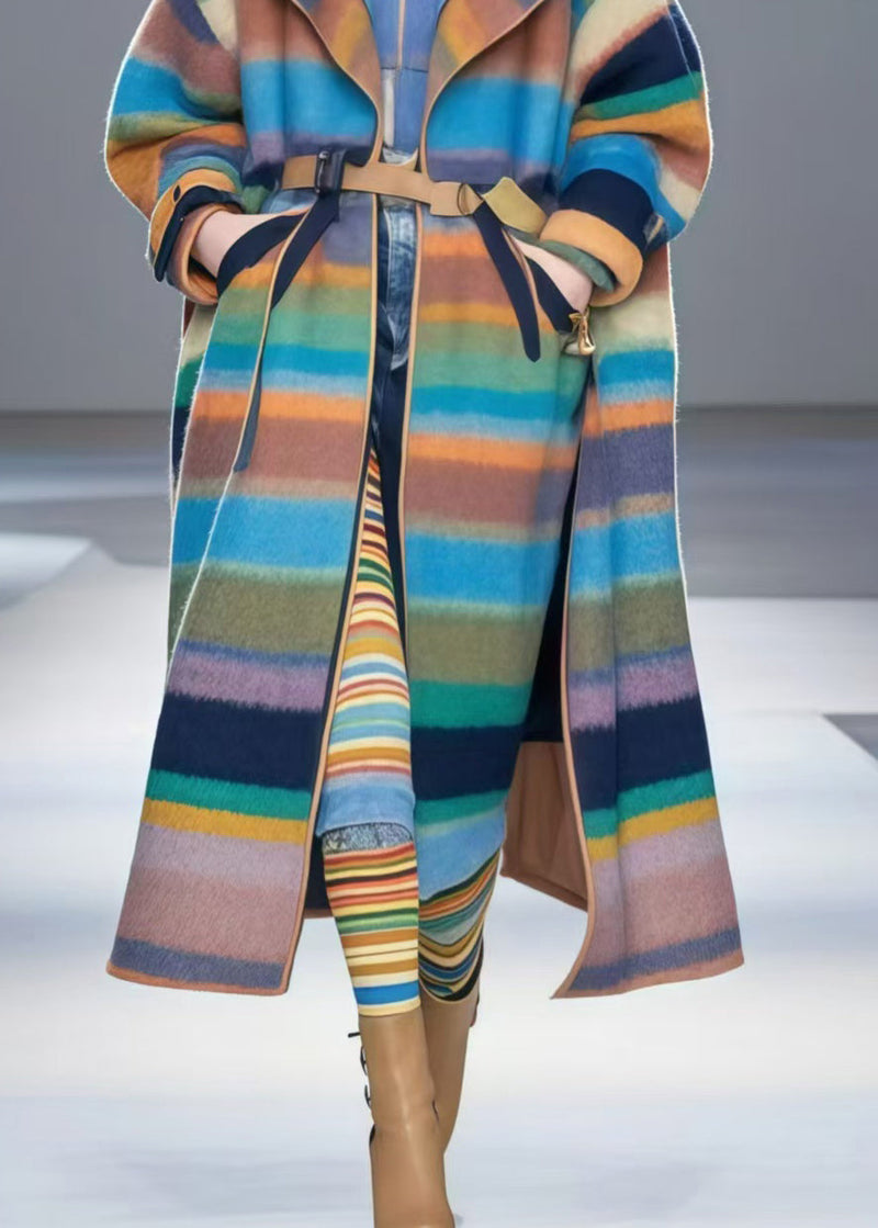 Colorblock Oversized Striped Woolen Trench Fall