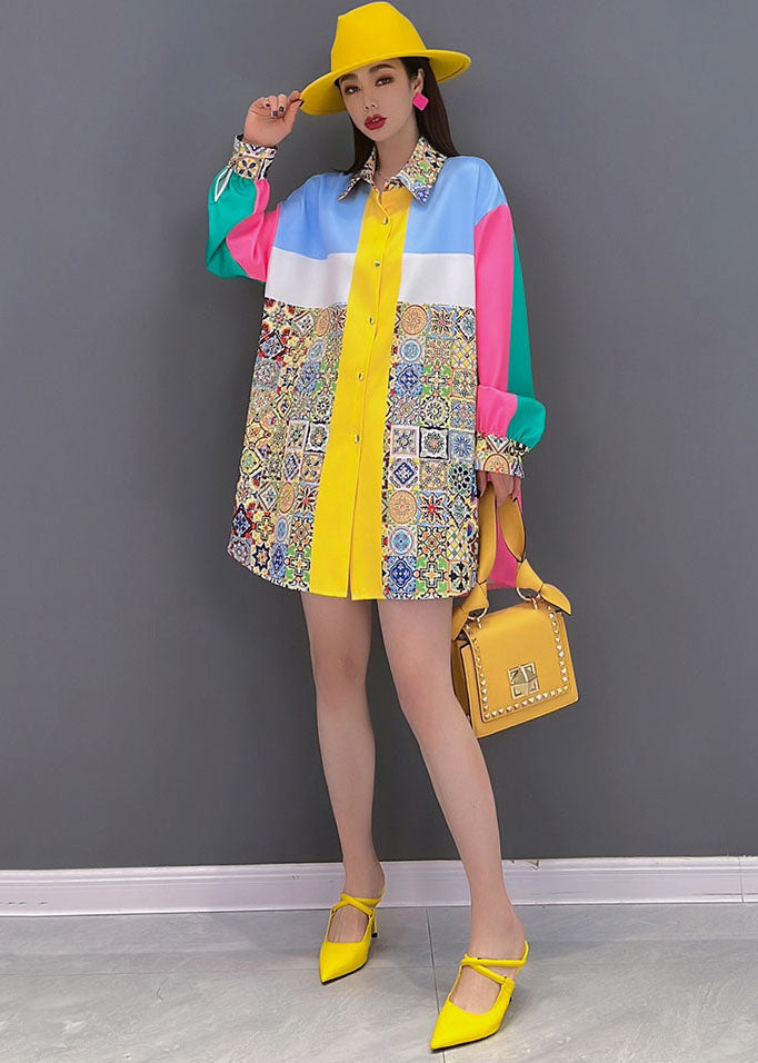 Colorblock Peter Pan Collar Print Silk Shirt Top Long Sleeve
