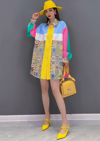 Colorblock Peter Pan Collar Print Silk Shirt Top Long Sleeve