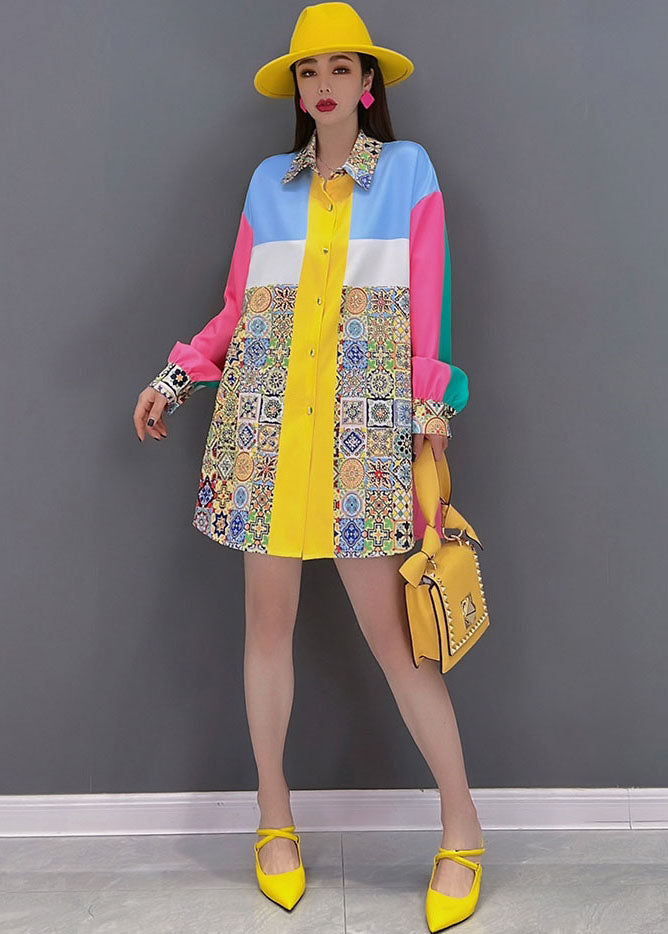 Colorblock Peter Pan Collar Print Silk Shirt Top Long Sleeve