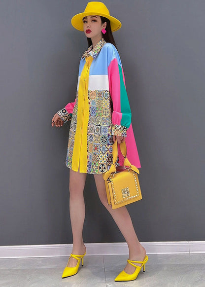Colorblock Peter Pan Collar Print Silk Shirt Top Long Sleeve