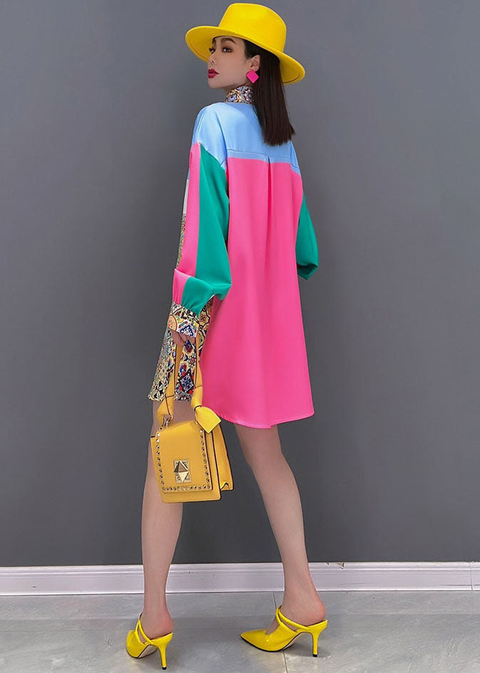 Colorblock Peter Pan Collar Print Silk Shirt Top Long Sleeve