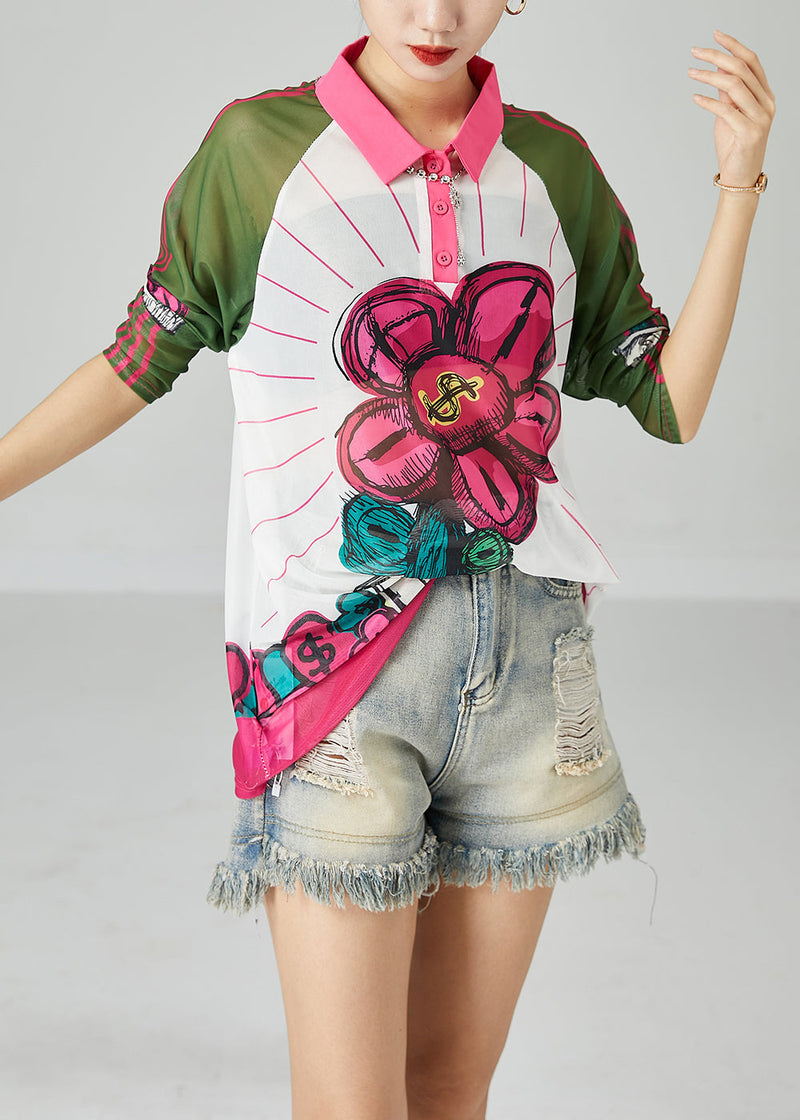 Colorblock Peter Pan Collar Print Tulle Upf 50+ Top Summer