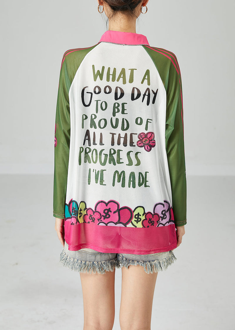 Colorblock Peter Pan Collar Print Tulle Upf 50+ Top Summer