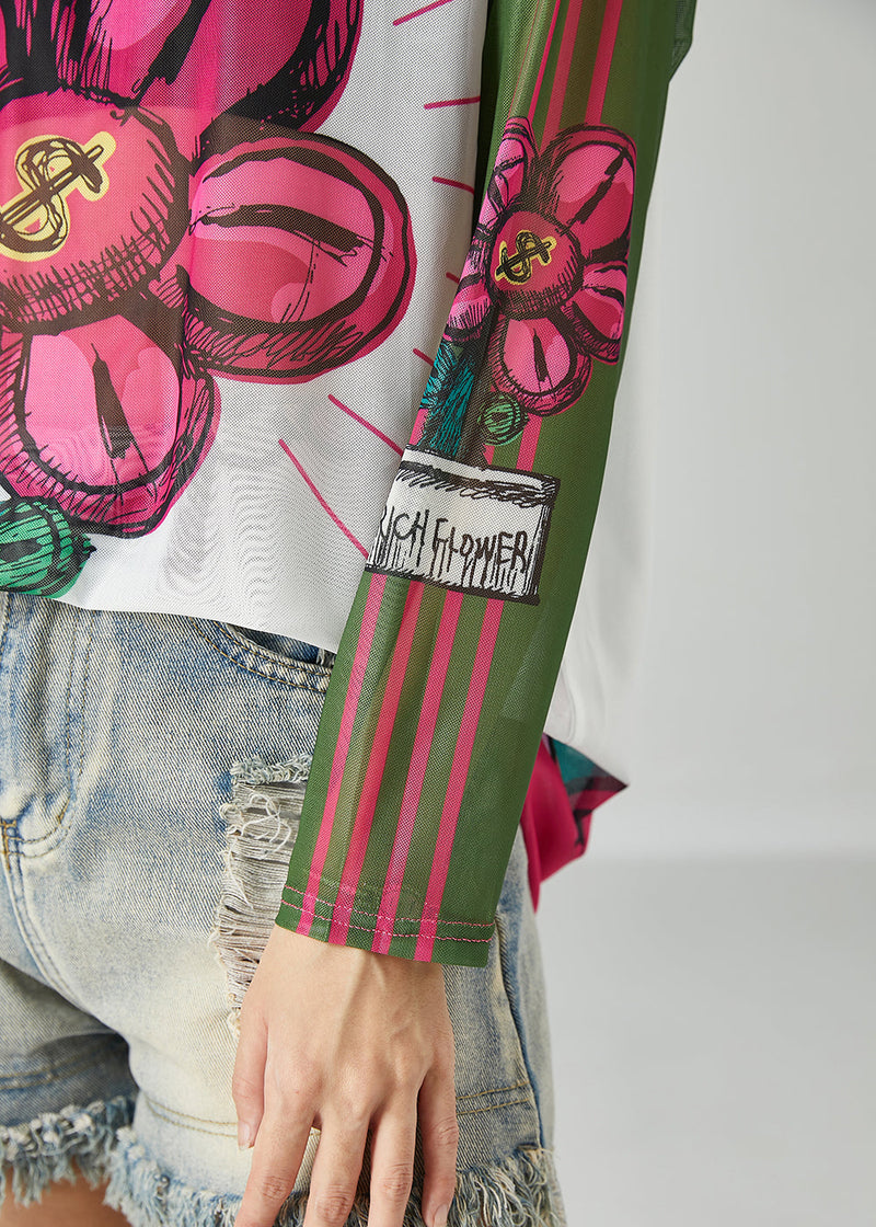 Colorblock Peter Pan Collar Print Tulle Upf 50+ Top Summer
