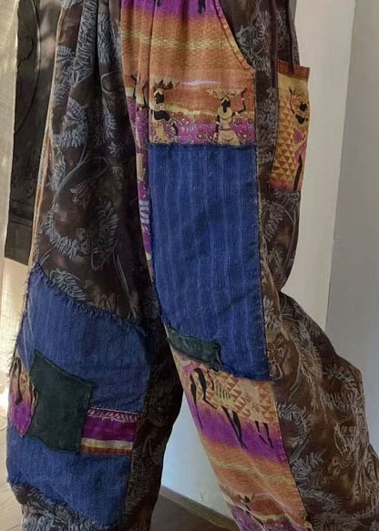 Colorblock Pockets Patchwork Fine Cotton Filled Pants Winter
