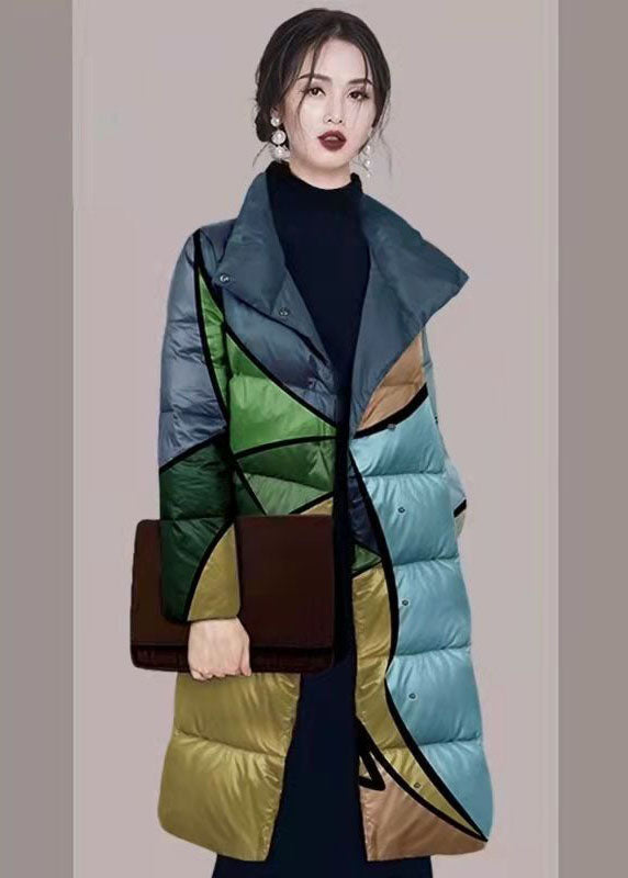 Colorblock Stand Collar Print Fine Cotton Filled Puffers Jackets Winter