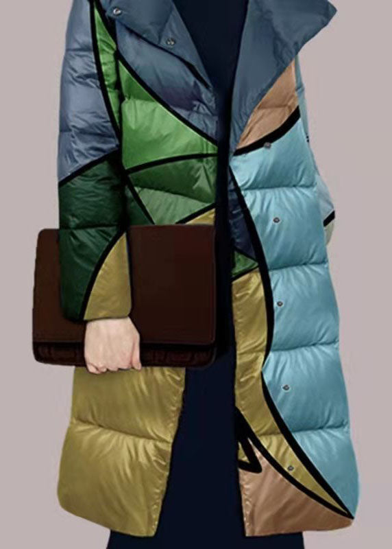 Colorblock Stand Collar Print Fine Cotton Filled Puffers Jackets Winter