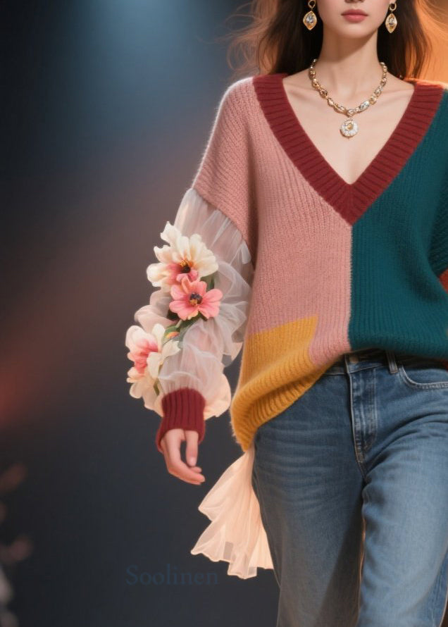 Colorblock V Neck Knit Short Sweater Fall