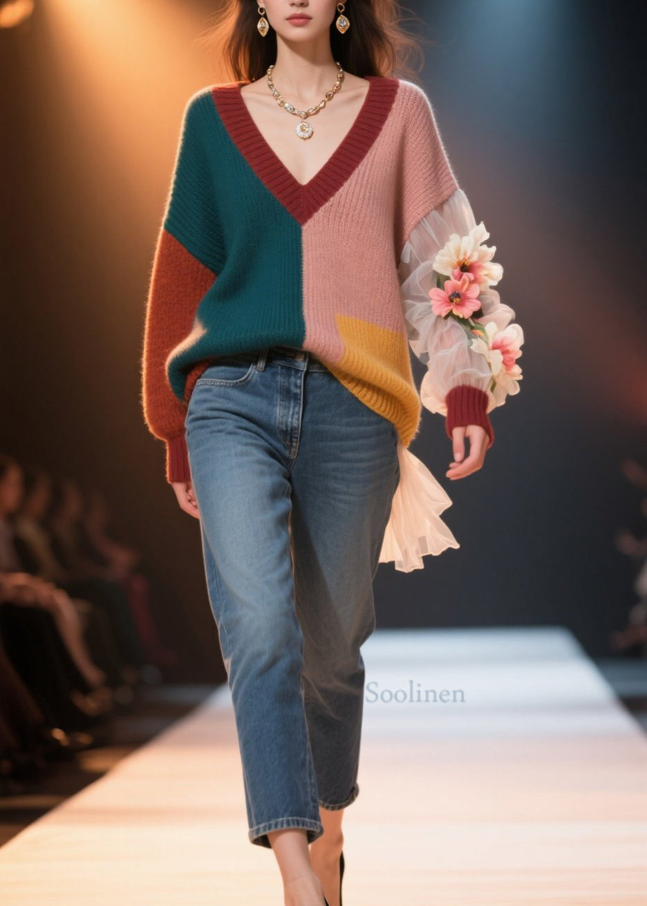 Colorblock V Neck Knit Short Sweater Fall