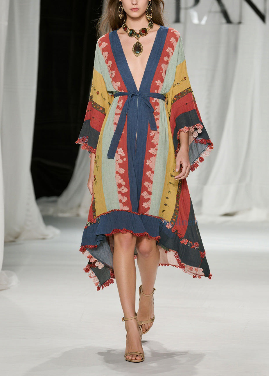 Colorblock V Neck Lace Up Cotton Dress Summer
