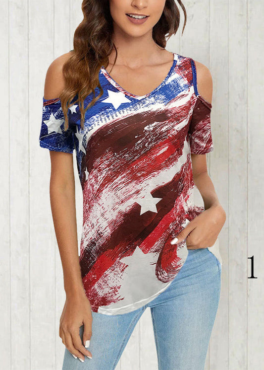 Colorblock V Neck Off the Shoulder Independence Day Theme Tanks Summer
