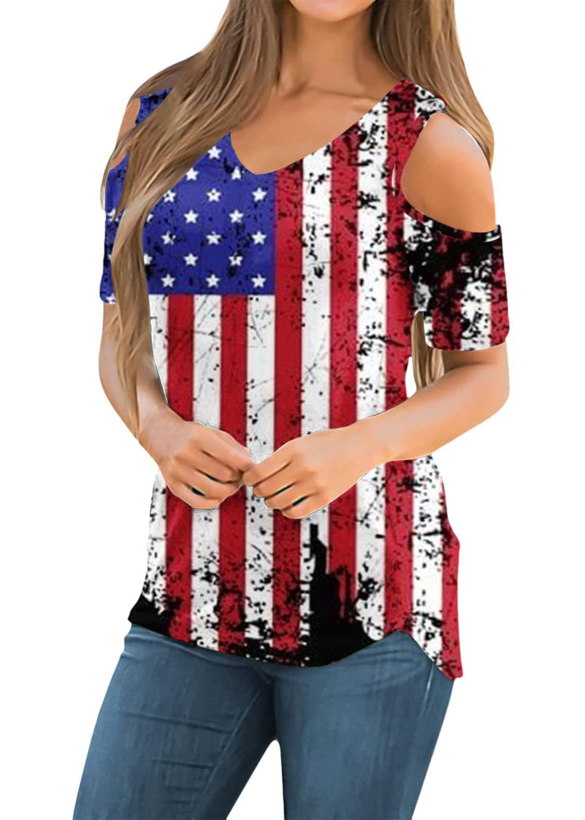 Colorblock V Neck Off the Shoulder Independence Day Theme Tanks Summer