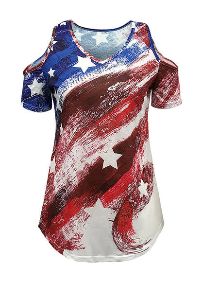 Colorblock V Neck Off the Shoulder Independence Day Theme Tanks Summer