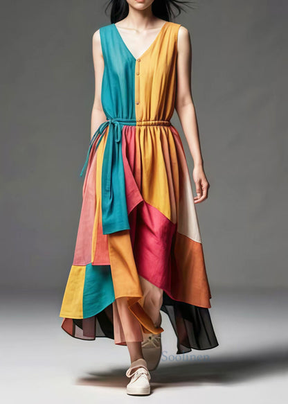 Colorblock V Neck Patchwork Cotton Cinched Dresses Summer